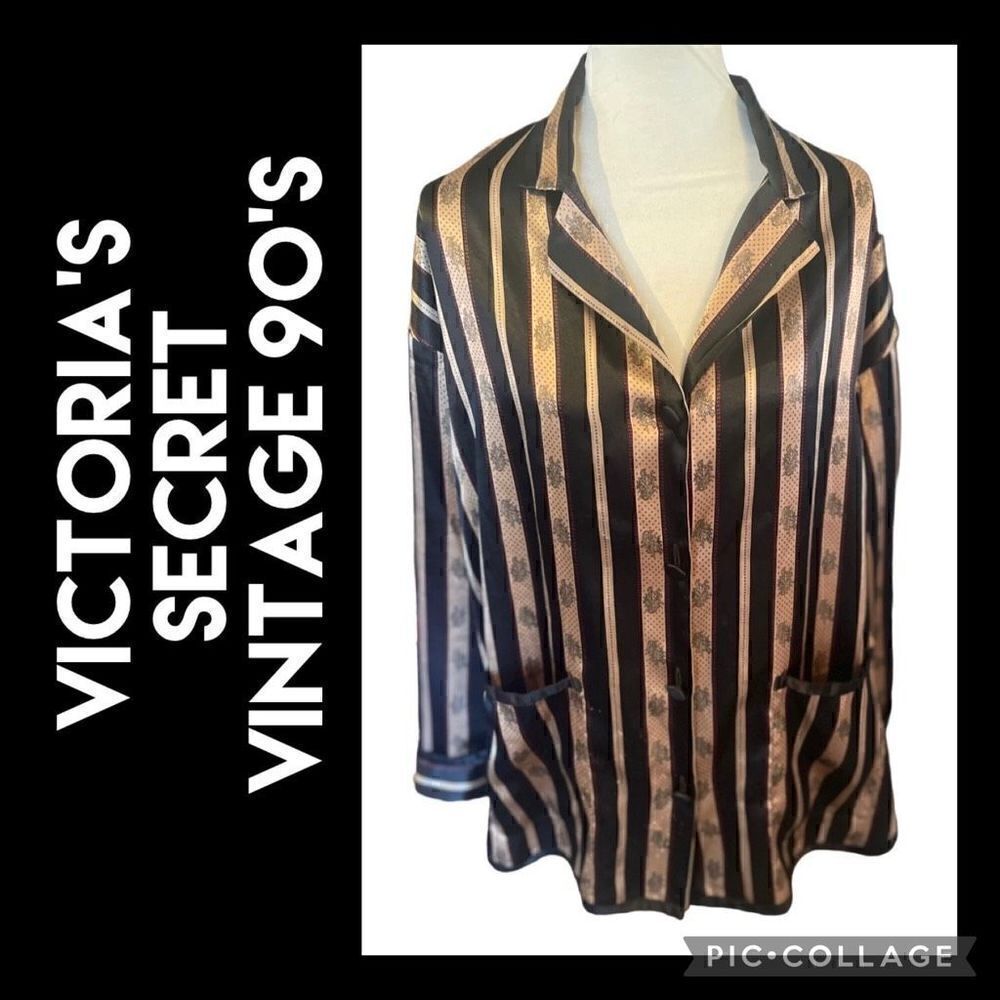 Victoria’s Secret Vintage  Black and Gold Striped Oversized Pajama Top Size Larg
